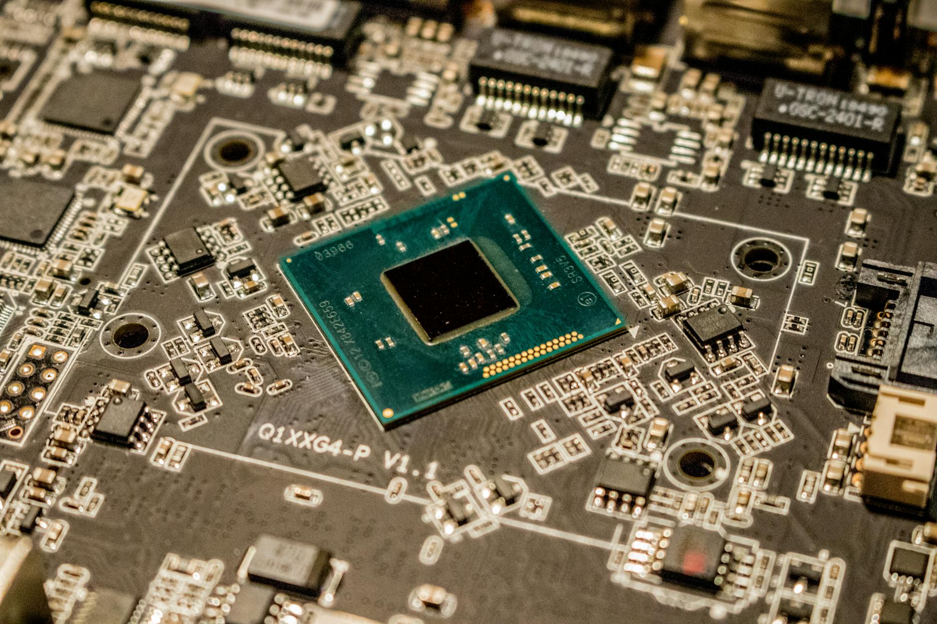 Close-up view of a modern desktop computer processor showing detailed circuitry and pins