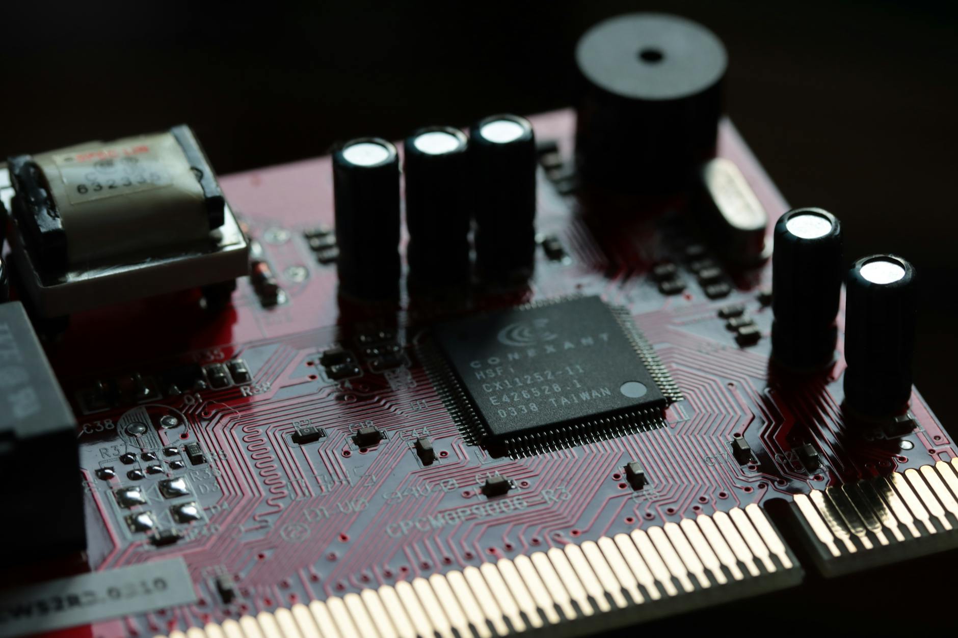 Close-up view of electronic circuit board with microprocessors and components