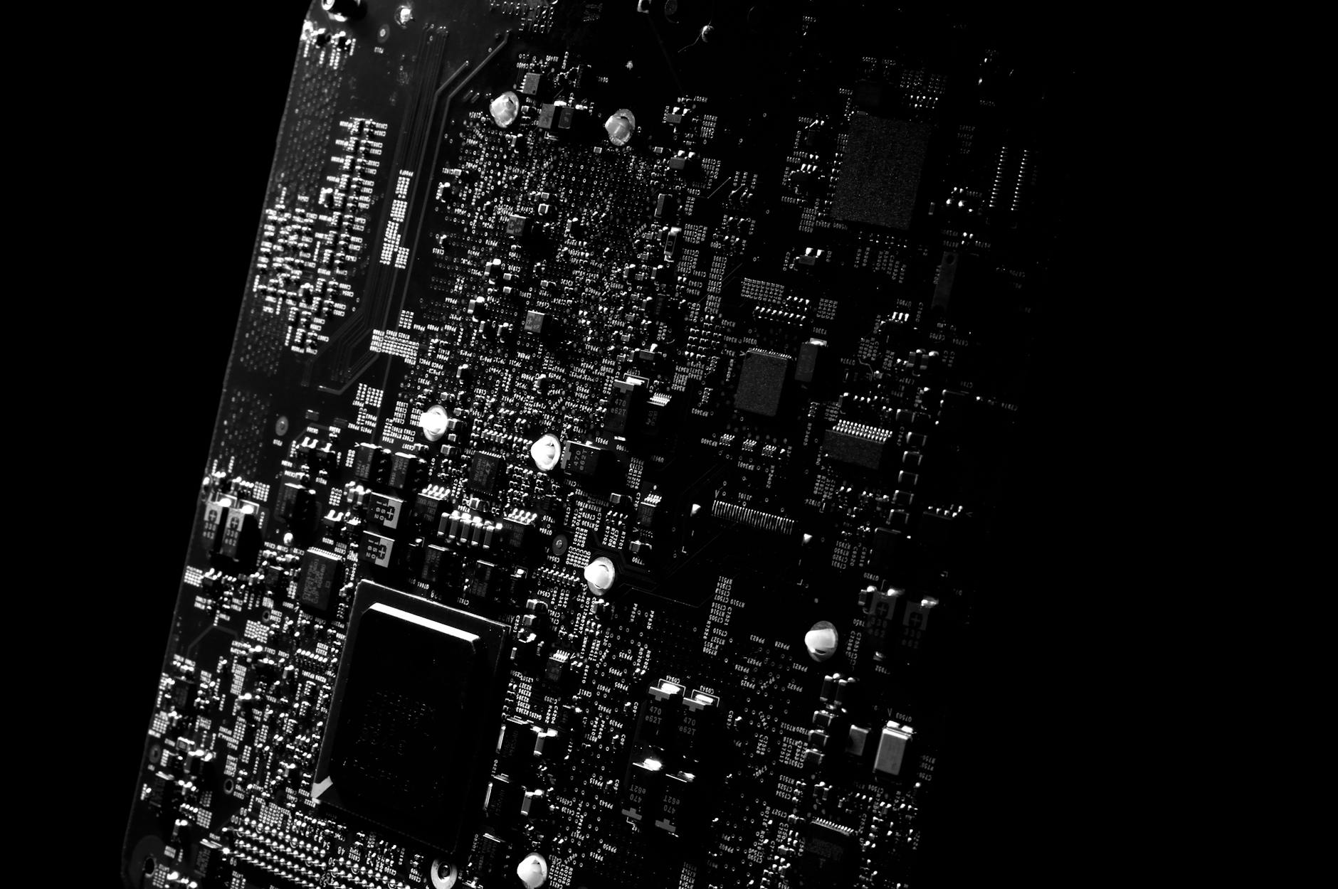 Detailed view of electronic circuit board components showing the complexity of modern computing hardware