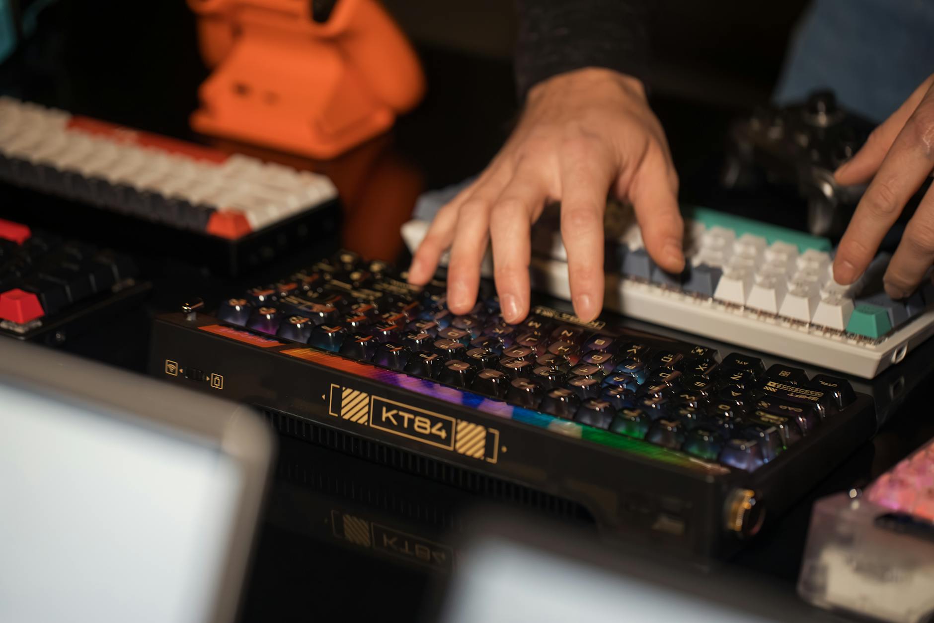 Colorful mechanical keyboard switches arranged showing different switch types and colors