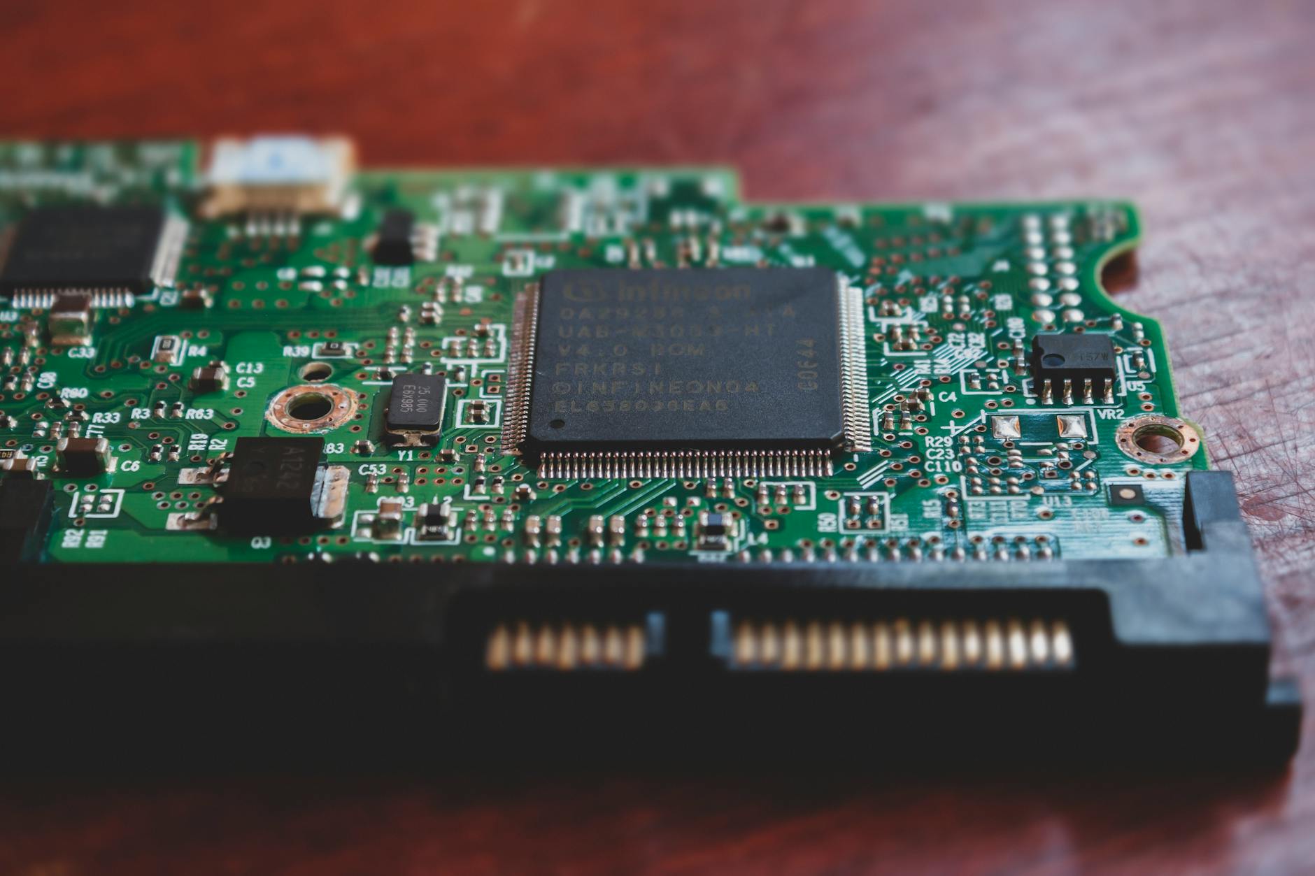 Close-up view of advanced mobile processor chip and circuit board components