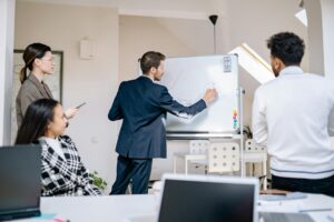 Business professionals collaborating around a digital whiteboard during a team meeting