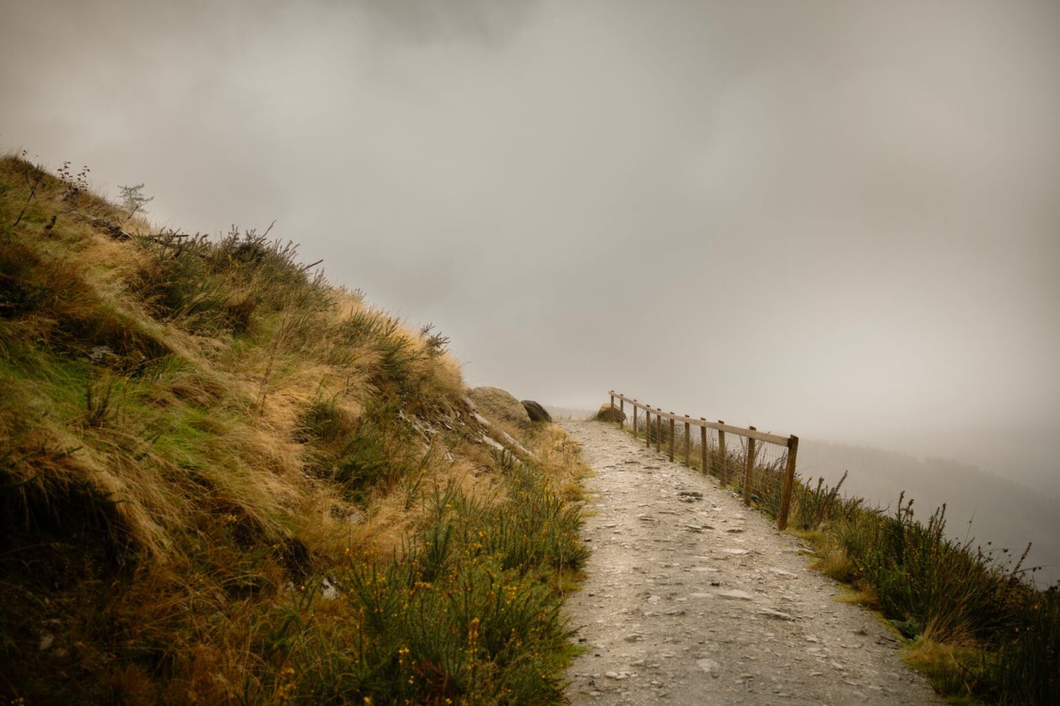 A foggy mountain trail stretching into the distance, evoking the isolated traversal gameplay of Death Stranding 2