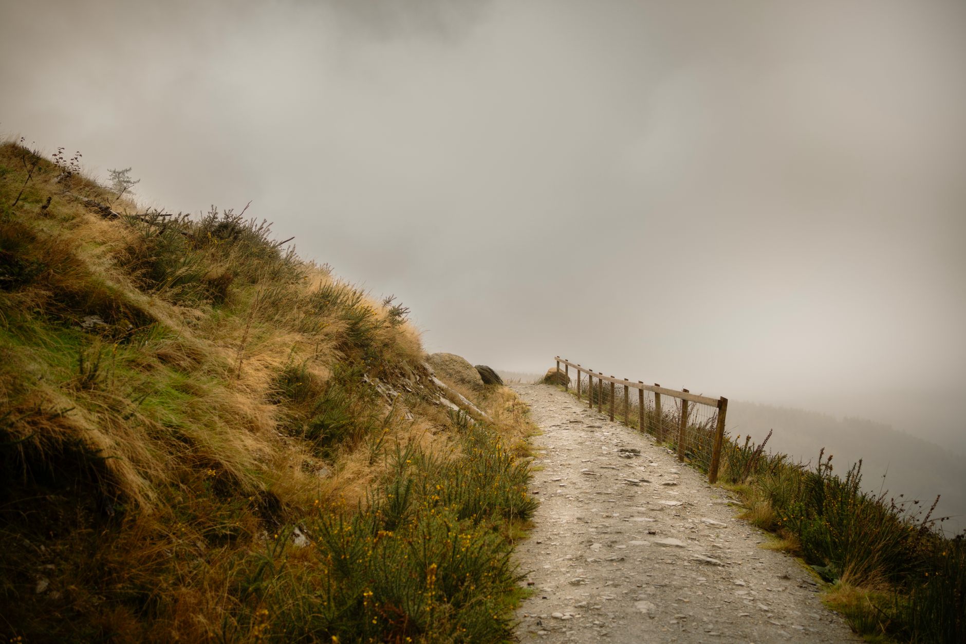 A foggy mountain trail stretching into the distance, evoking the isolated traversal gameplay of Death Stranding 2
