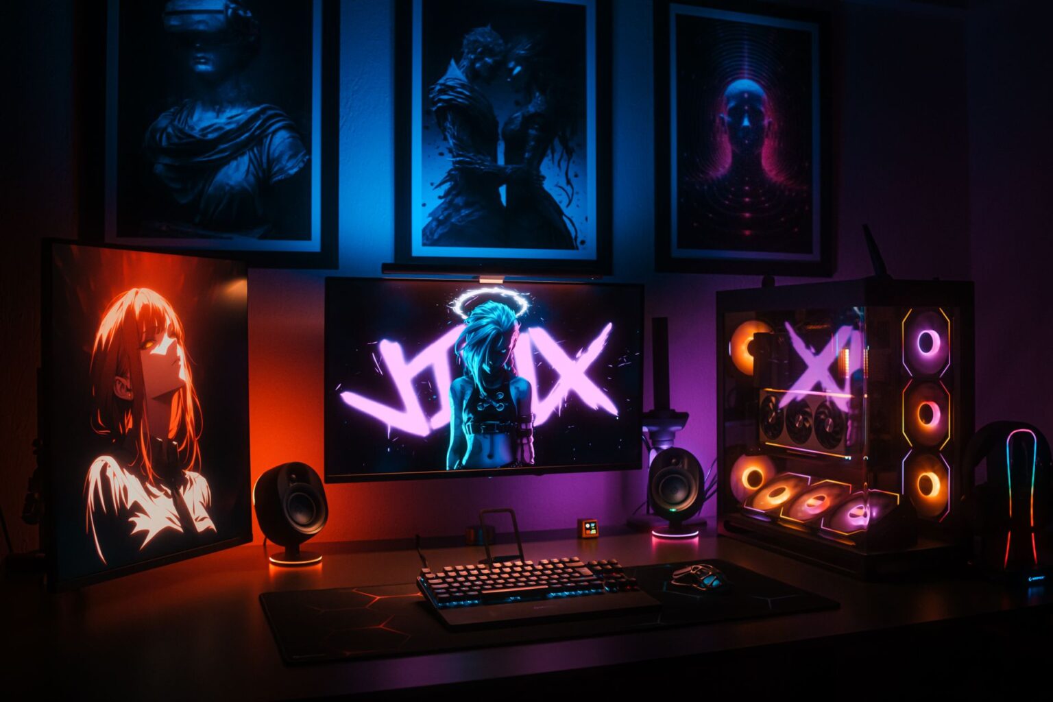 Naughty Dog’s Intergalactic Reveal Is Pulling Players Back to Uncharted 4 A gaming setup illuminated by neon lights, evoking a futuristic atmosphere similar to Naughty Dog's Intergalactic reveal