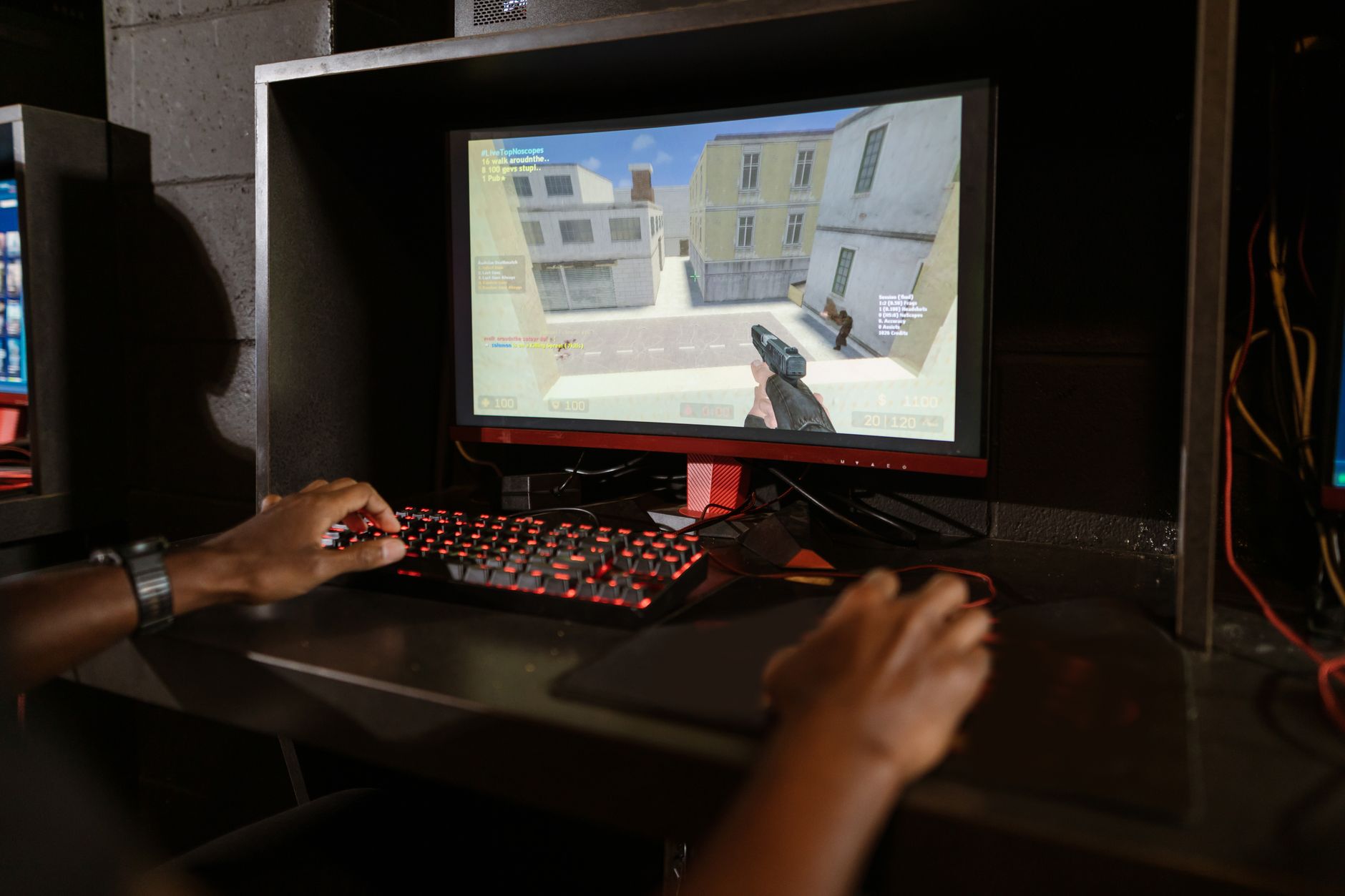 First-person shooter game displayed on a gaming monitor