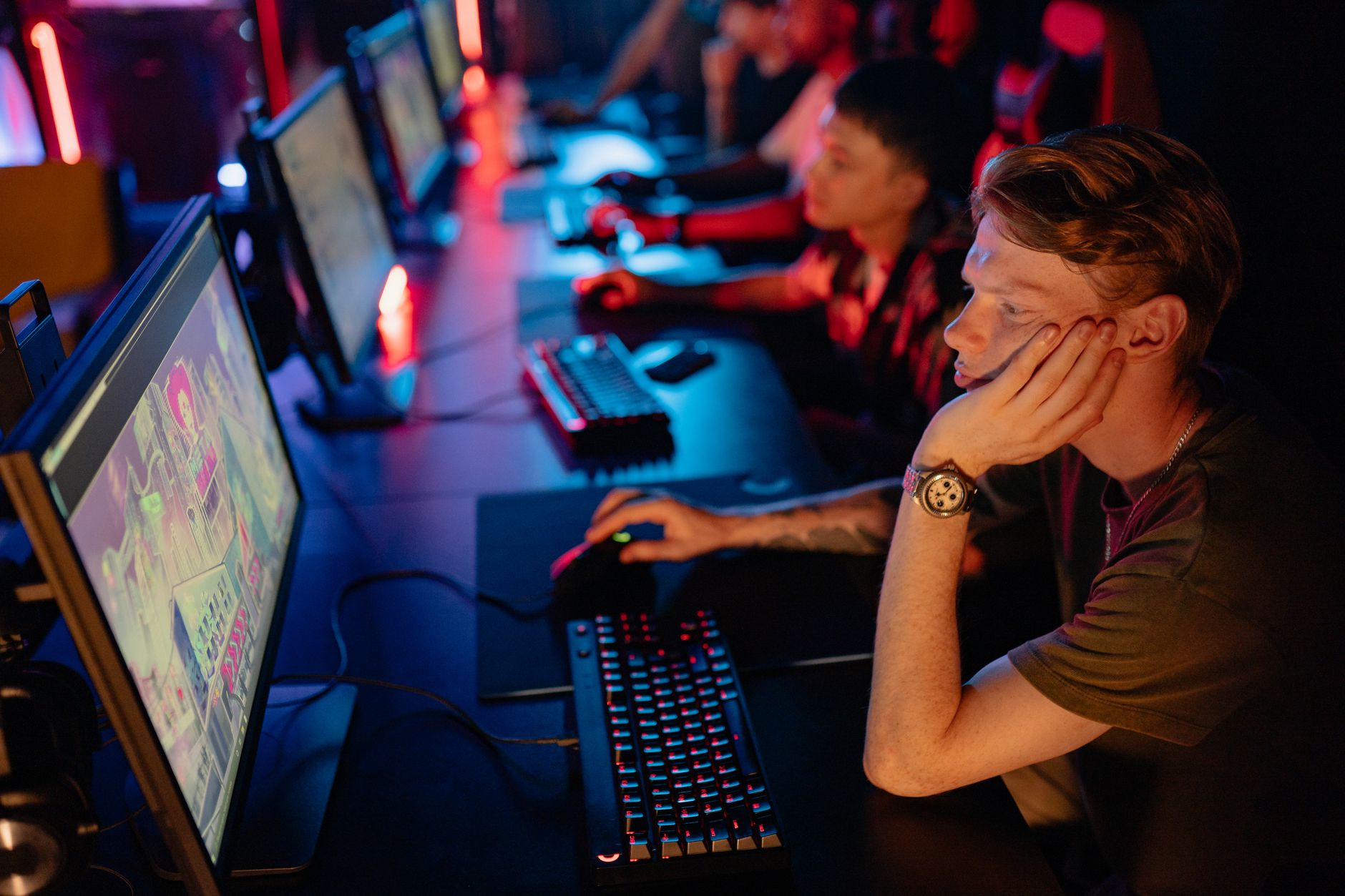 Colorful lighting over an esports gaming arena stage